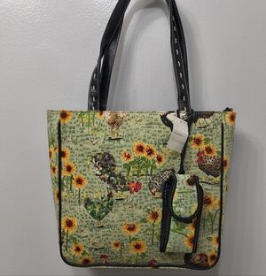 Roosters Hens Sunflower Prints Embellishw/Pouch Tote Bag  W-12 x L-12